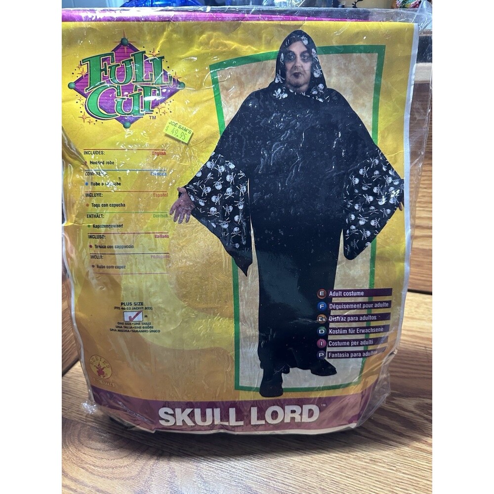 Halloween Skull Lord Costume Blk Poly Hooded Robe W/ Red Eyed Skull Print PlsSz